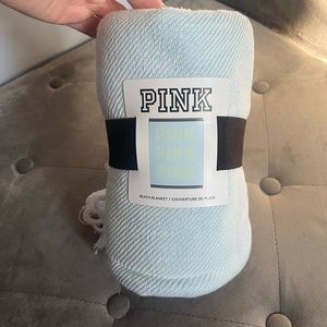 PINK Victoria Secret: Pastel Blue Beach Blanket with fringe & green “Pink” (NWT)